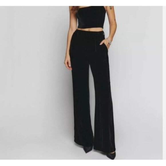 Reformation Women's 12 WES Wide Leg Velvet Pants Pleated Silk Bld NWT Ins. 32.5" - Picture 1 of 16